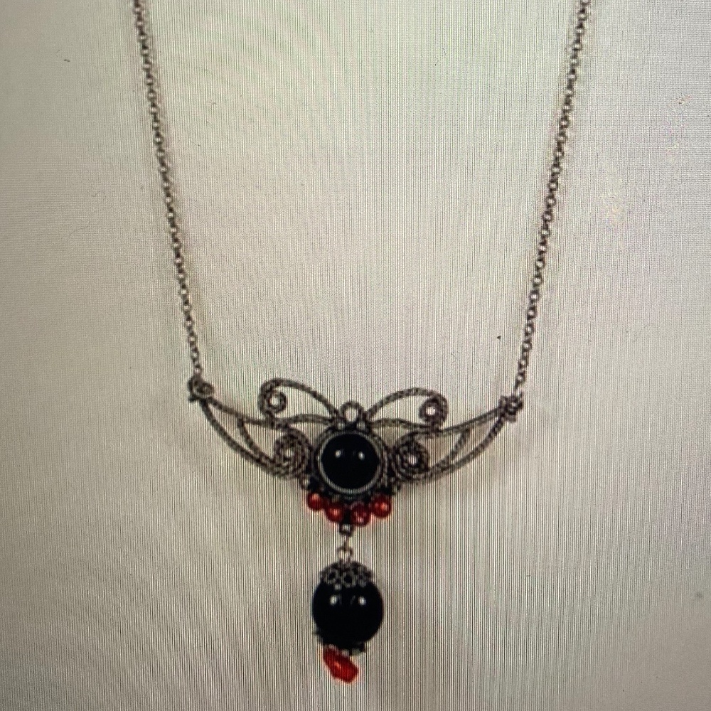 Victorian 1920’s Sterling Silver Necklace with Onyx and Red Carnelian Stones 18”